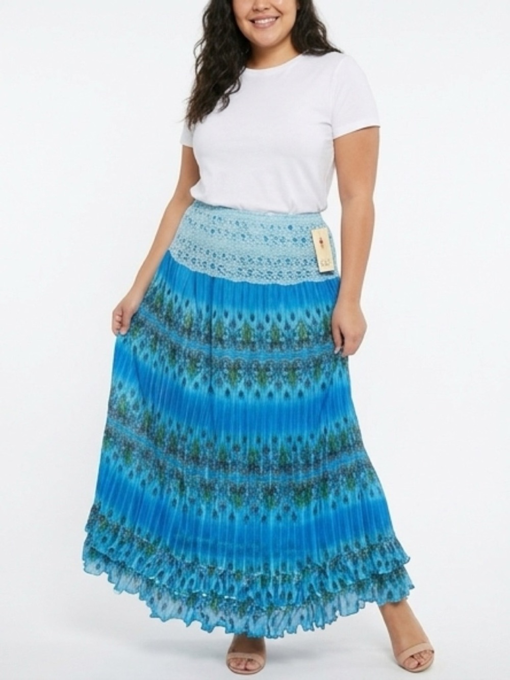 Blue Pleated Maxi Skirt with Lace Waist